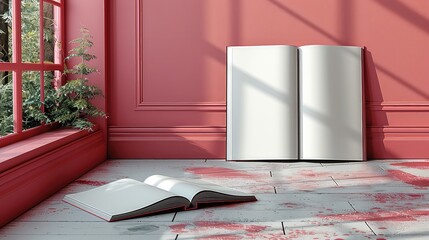 Blank open brochure, magazines, book mockup on pink background