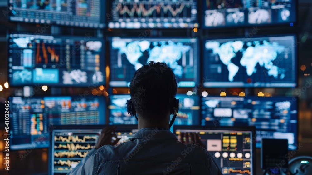 Aufkleber a central control room with several screens displaying live feeds of shipping data and analytics wit