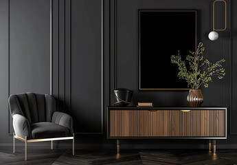 dark living room with single chair- potted plant- wall panels and fireplace
