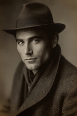 Retro studio portrait of man gentleman in a hat and coat. Vintage scan