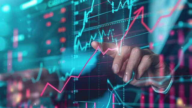 Stock market graphs. Graph with symbol. Business growth concept. Businessman hold up arrow icon and percentage with graph indicators for investment growth. Strategic business success. Business vision.