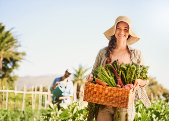 Farmer, woman and basket of vegetables or produce, market and supplier for organic food....