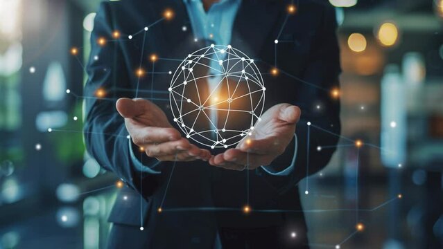 Global business network concept. Business growth. Businessman holding franchise business or marketing expansion for growth. Franchise business concept. Business vision. Strategic business success. 4K