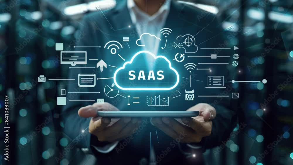 Poster business concept. internet and networking technology. saas (software as a service). businessman show