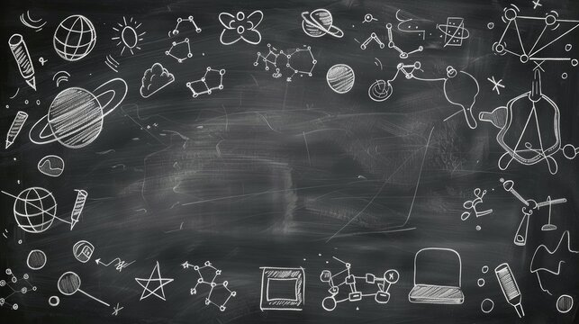 A deep black chalkboard background with white chalk hand-drawn text and illustrations.