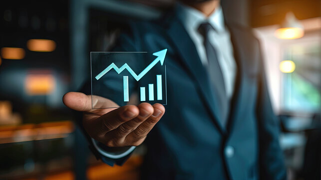 Business growth concept. Businessman hold up arrow icon and percentage with graph indicators for investment growth. Strategic business success. Business vision.