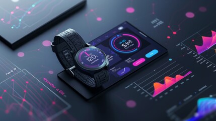 A close-up image of a black smartwatch with a digital display showing a heart rate of 120 beats per minute. The watch is lying on a digital screen with charts and graphs, suggesting data analysis and