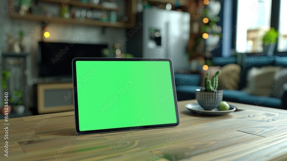 Aufkleber kitchen table with tablet featuring green screen and touchscreen showing a close up of a digital dis