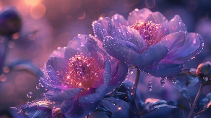 Tranquil Magic, Purple Flower Field with Sparkling Dew and Etheral Sparkles