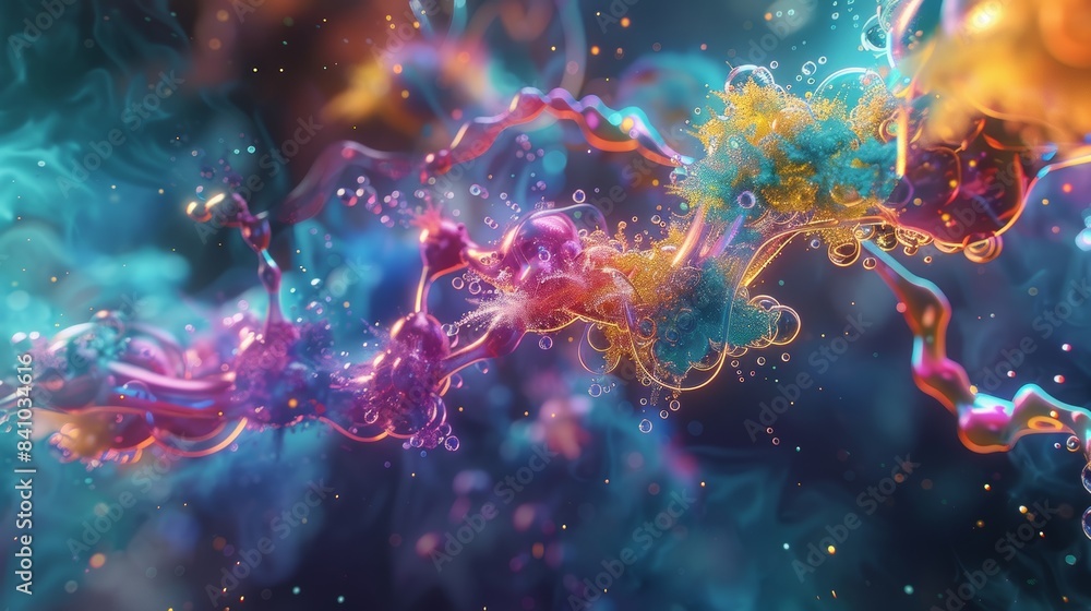 Poster a surreal depiction of a molecular structure morphing into a human form, with flowing lines and vibr