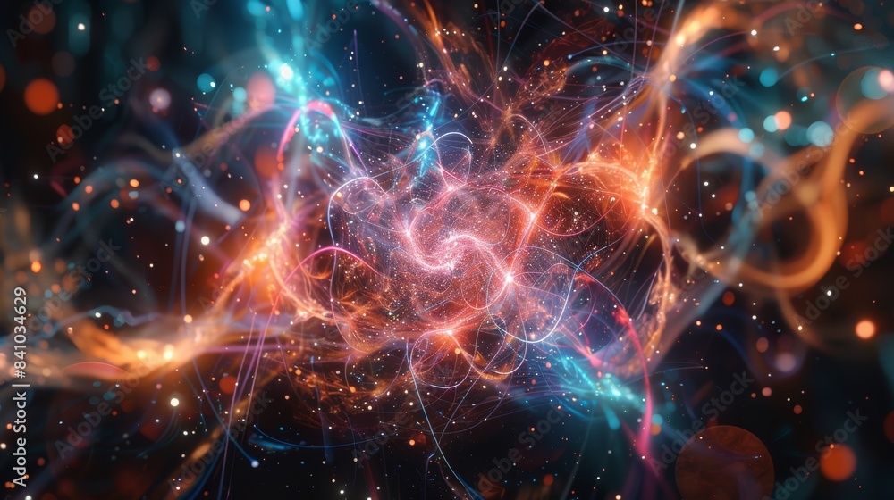 Poster A surreal visualization of a quantum-entangled molecular structure, where particles appear to be interconnected by threads of energy, creating a mesmerizing cosmic dance.