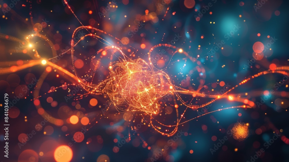 Poster A surreal visualization of a quantum-entangled molecular structure, where particles appear to be interconnected by threads of energy, creating a mesmerizing cosmic dance.
