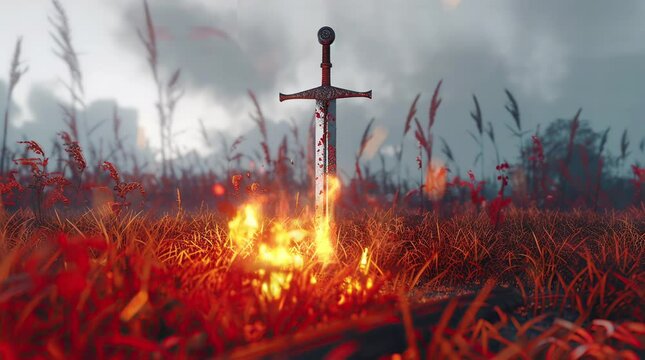 Mystical sword engulfed in flames, stuck in a grassland, embodying a scene of ancient power and magic
 Seamless looping 4k time-lapse virtual video animation background. Generated AI