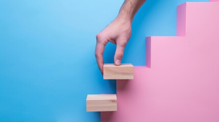 Business growth concept, Building success step-by-step. Stacking wood blocks, Visualizing the growth process in business.