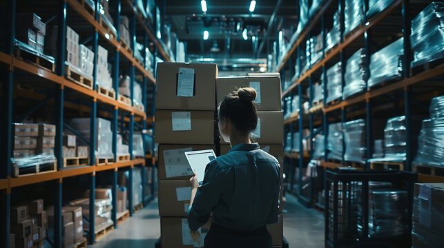 At the entrance of a bustling retailer warehouse, a woman manager uses a tablet for logistics management while workers load a delivery truck with cardboard boxes filled with e-commerce goods and merch