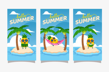 Hello summer activity with pineapple mascot character for social media stories banner