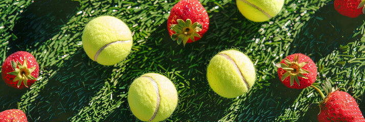 Overhead view of tennis balls and summer strawberries on a grass court background