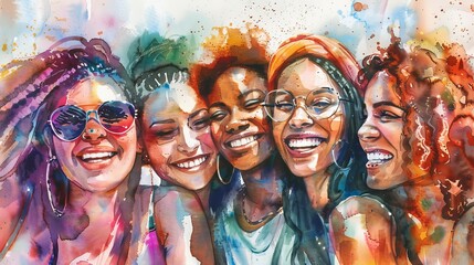Fototapeta premium Empowered women watercolor illustration, Diverse group celebrating unity. Vibrant watercolor artwork showcasing women of different ethnicities.