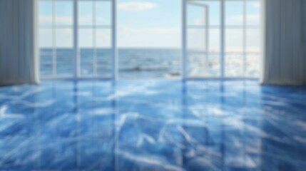 Blur background of modern home with ocean view through floor-to-ceiling windows and reflective blue...