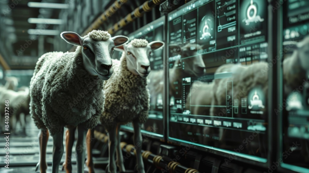 Poster a flock of sheep approach the automated feeding system eagerly anticipating their customized feed.
