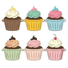 Three rows colorful cupcakes different icing flavors, sprinkles, cherry top, white background. Handdrawn six cupcakes, pastel colors, frosted dessert, sweet bakery treats illustration. Cute