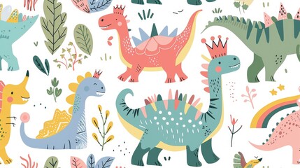 Adorable Dino princess seamless pattern featuring whimsical girls dinosaurs sporting crowns frolicking in a jungle adorned with a rainbow Captured in a playful hand drawn Scandinavian style