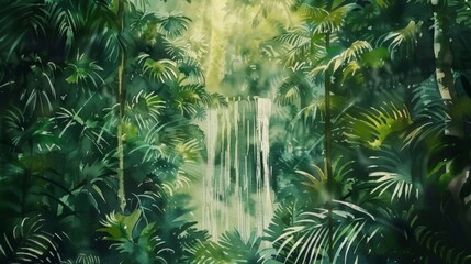 Obraz premium jungle with a hidden waterfall watercolor painting