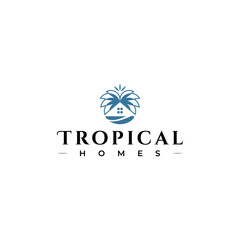 home building with tropical tree and waves logo icon vector template