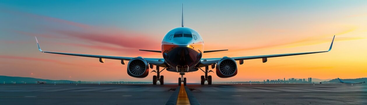 A Boeing 737 MAX airplane preparing for takeoff on the runway, clear sky, vibrant colors, highresolution aviation photography