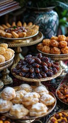 Closeup of traditional sweets and dates on a decorated table