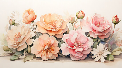 Close-up of several pink and orange flowers with soft petals on a white background.