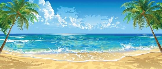 Tropical Bliss - Vibrant Vector Beach Scene for Summer Designs with Palm Trees, Golden Sand, Tranquil Ocean, and Copy Space