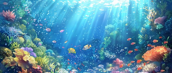 Enchanting Anime Illustration of a Vibrant Underwater Fantasy World with Colorful Marine Life and Sunlit Coral Reefs for Branding and Design