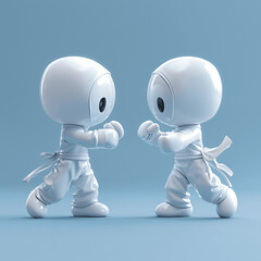 Fototapeta premium Two Cute White Robot Ninjas Facing Off in Martial Arts Stance - Futuristic Combat and Playful Concept