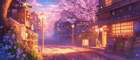 Enchanting Anime Street Corner at Sunset with Cherry Blossoms and Lanterns for Text Overlay and Branding
