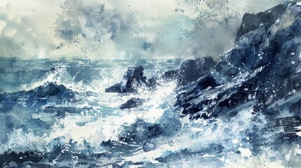 dramatic coastal cliff with crashing waves watercolor painting