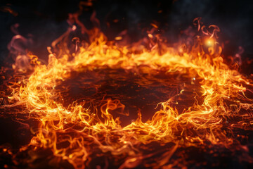 Fiery ring of flames burning brightly in a dark background, creating a mesmerizing and intense visual effect. Perfect for high-impact designs.