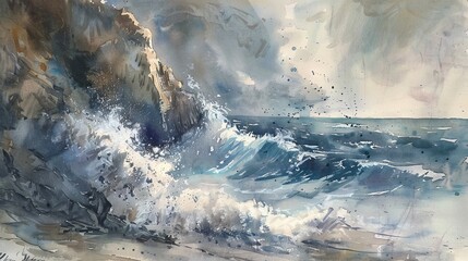 dramatic coastal cliff with crashing waves watercolor painting