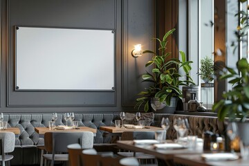 A chic restaurant with a mediumsized white blank mockup banner on the wall above a dining table, emphasizing a modern, clean look