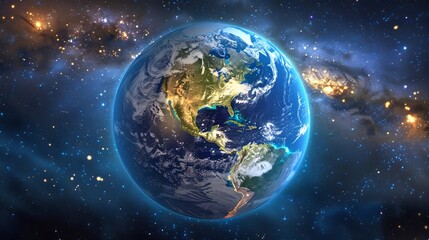 Fototapeta premium Earth at night from space, North America illuminated, sunrise view. Blue marble, illuminated continents, cosmic night view.