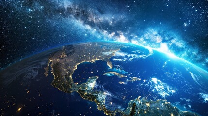 Fototapeta premium Earth at night from space, North America illuminated, sunrise view. Blue marble, illuminated continents, cosmic night view.