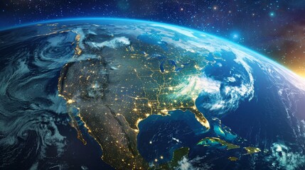 Earth at night from space, North America illuminated, sunrise view. Blue marble, illuminated continents, cosmic night view.