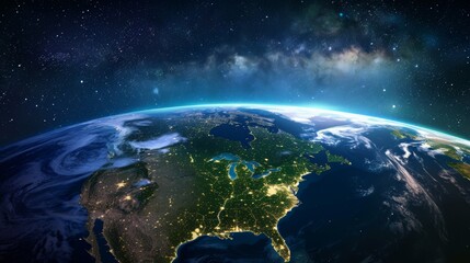 Earth at night from space, North America illuminated, sunrise view. Blue marble, illuminated continents, cosmic night view.