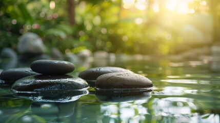 Zen garden with rocks and water for relaxation and meditation. Japanese-inspired garden design with calming water features.