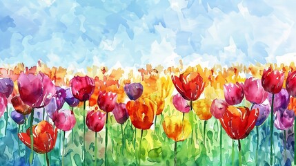 Obraz premium vibrant field of colorful tulips watercolor illustration