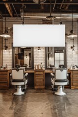 A contemporary barber shop with a large white blank mockup banner above the mirrors