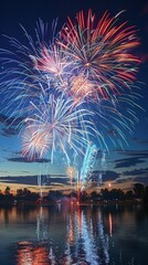 Fireworks above a lake, clear sky for promotional messages