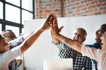 Business people, high five and happy at meeting, celebration and connection in support with...