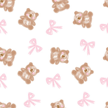 watercolor hand drawn brown teddy bear with pink bow tie on a white background, seamless pattern
