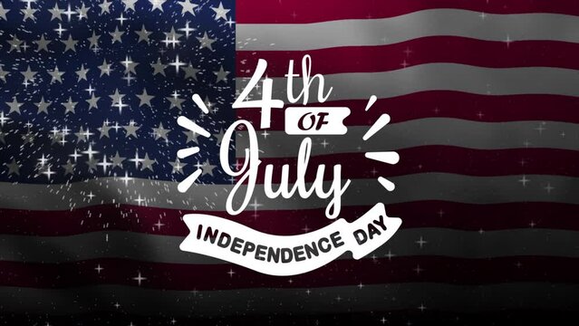 4th of July Text Animation with waving USA flag background and fireworks splash, Happy Independence Day united states of America concept, for banner, feed, stories
